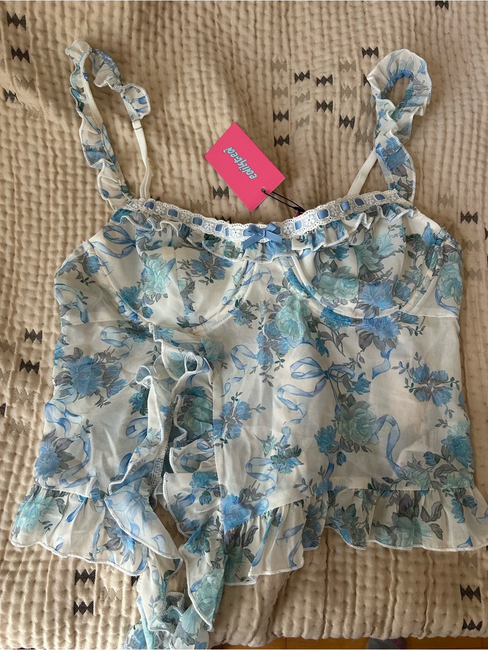 Edikted Sheer Floral Ruffle Cami in Blue and White
